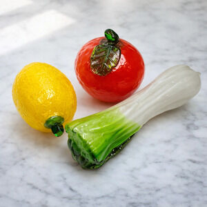 Vintage Hand Blown Glass Fruit & Vegetable Set | Murano Style Lemon Tomato Leek